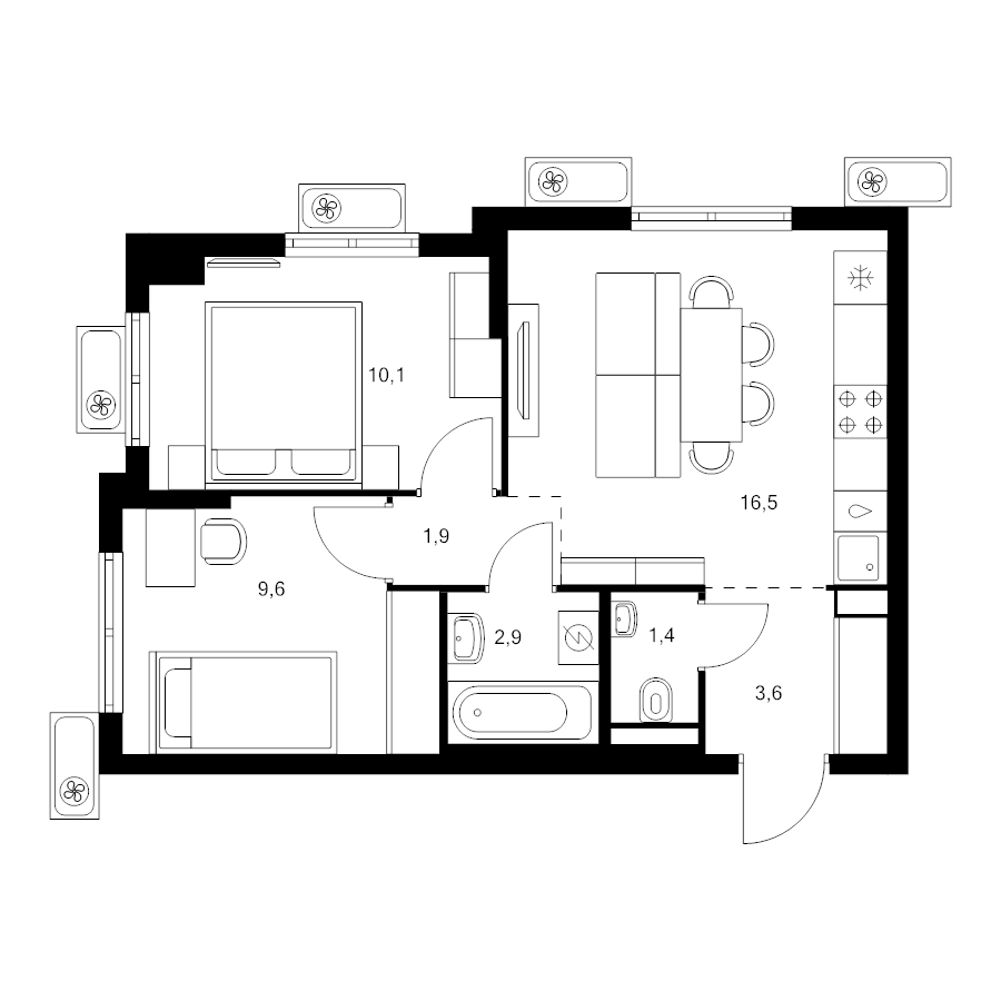 3 ккв (Евро) 46 м²