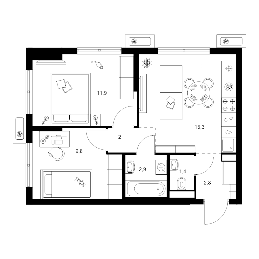 3 ккв (Евро) 46,1 м²