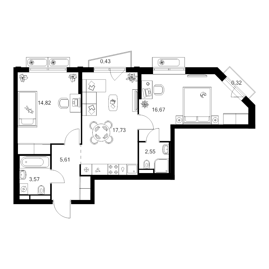 3 ккв (Евро) 61,7 м²