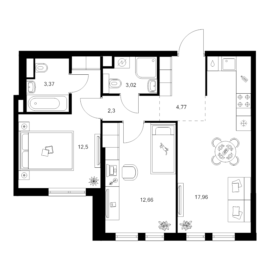 3 ккв (Евро) 57,4 м²