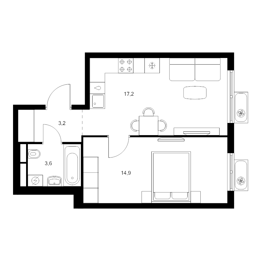 2 ккв (Евро) 38,9 м²