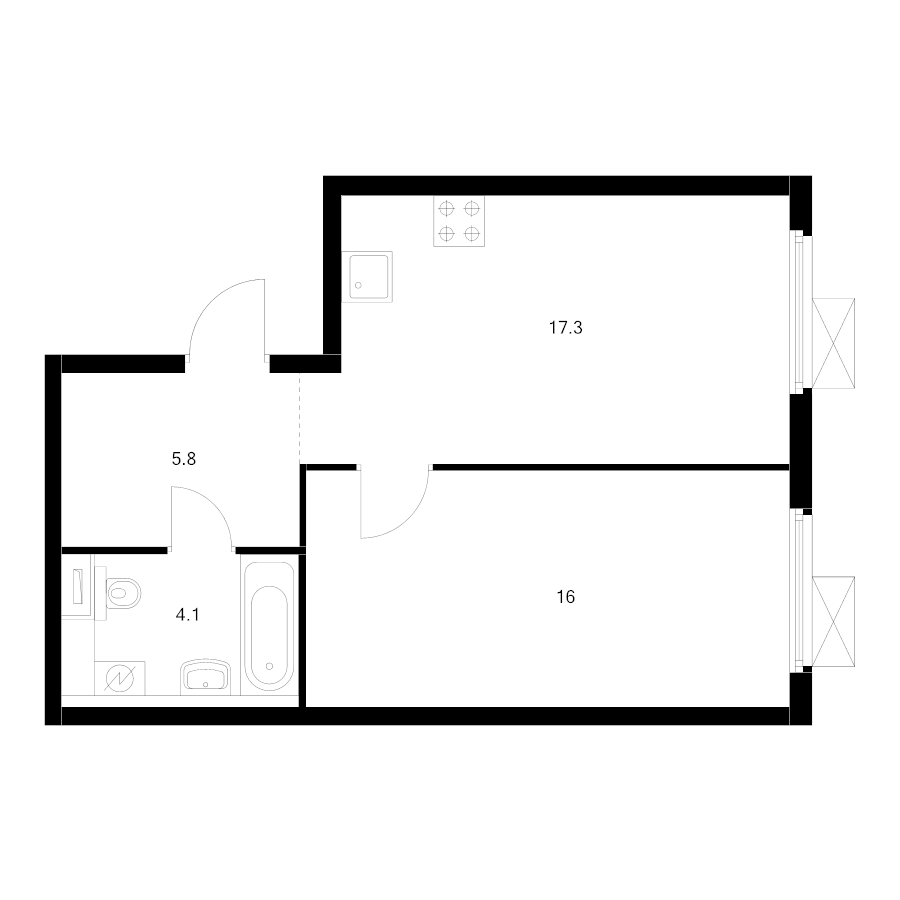 2 ккв (Евро) 42,8 м²