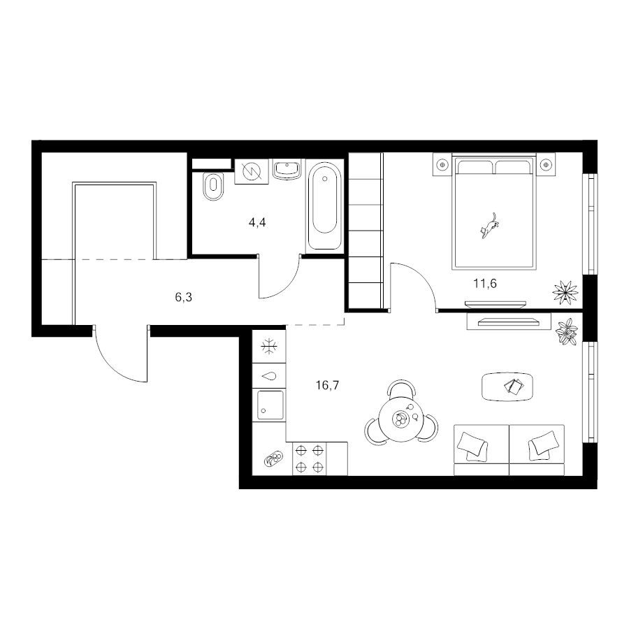 2 ккв (Евро) 44 м²