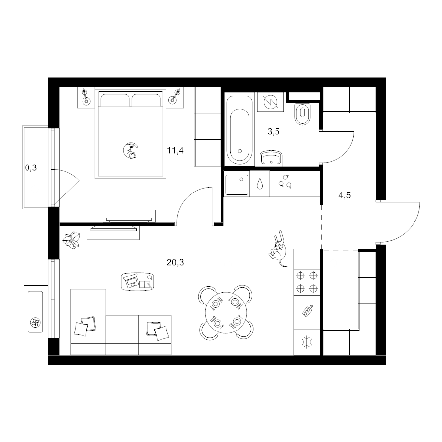 2 ккв (Евро) 42,8 м²