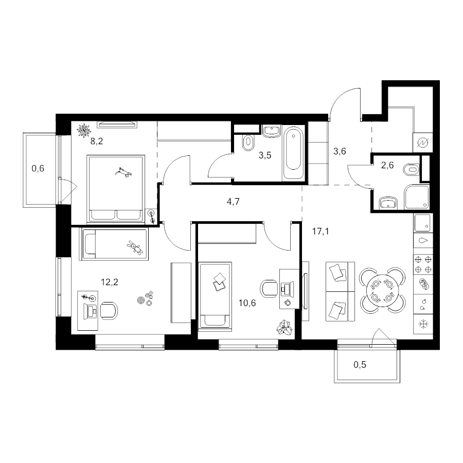 4 ккв (Евро) 70,9 м²