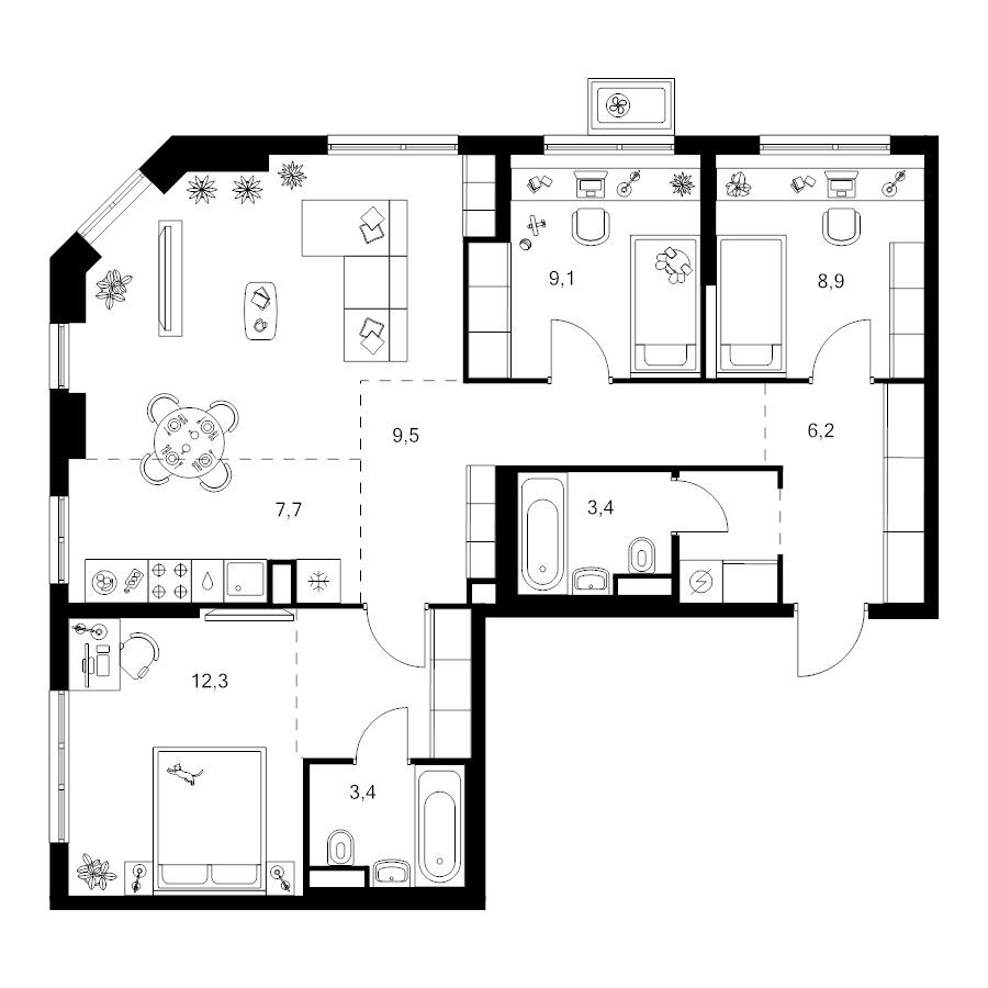 4 ккв (Евро) 87 м²
