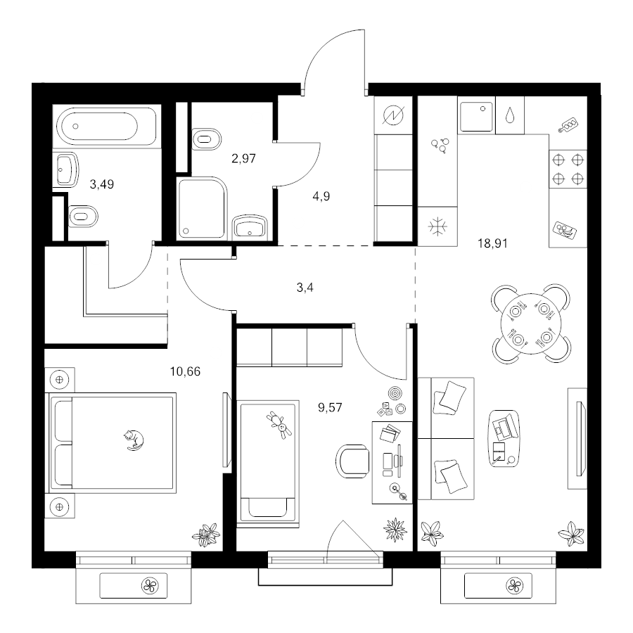 3 ккв (Евро) 56,8 м²
