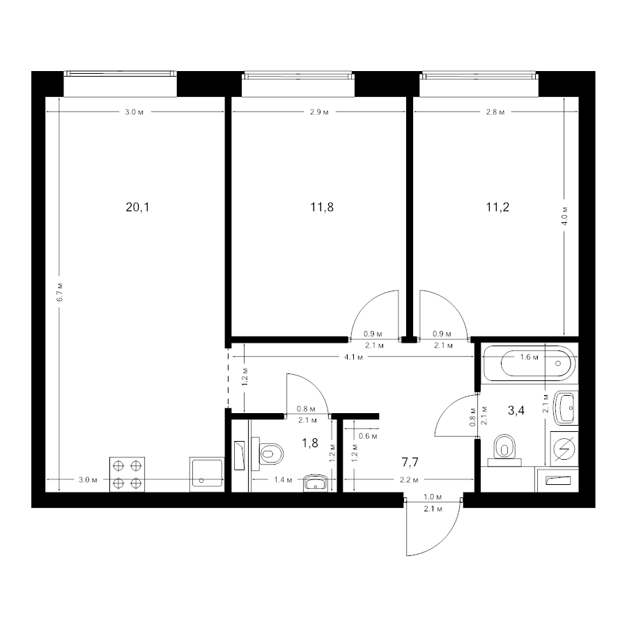 3 ккв (Евро) 56 м²