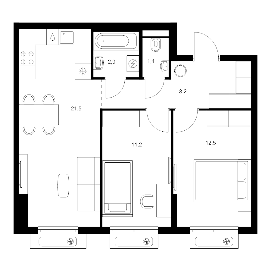 3 ккв (Евро) 57,7 м²