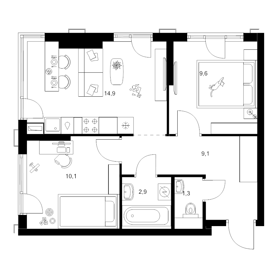 3 ккв (Евро) 47,9 м²
