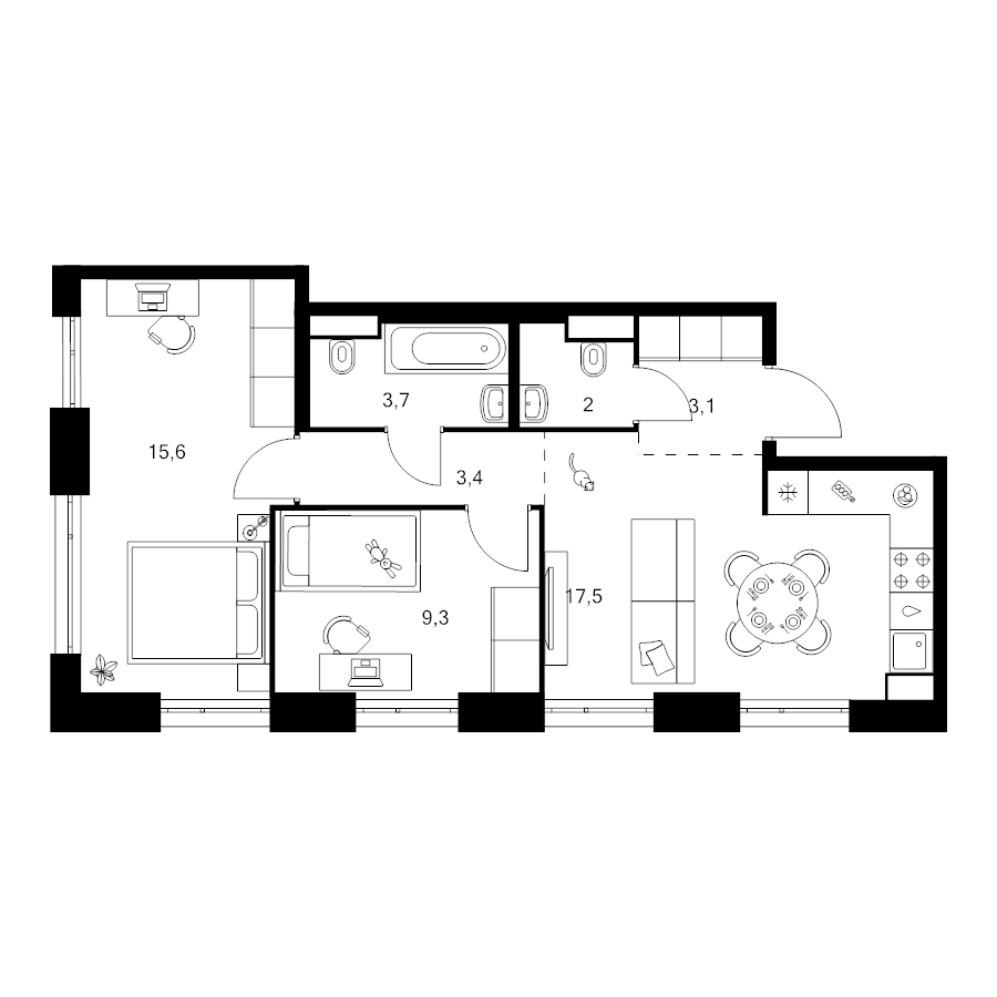 3 ккв (Евро) 54,6 м²