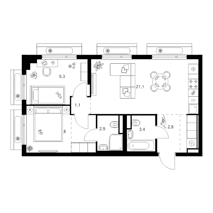 3 ккв (Евро) 53,8 м²