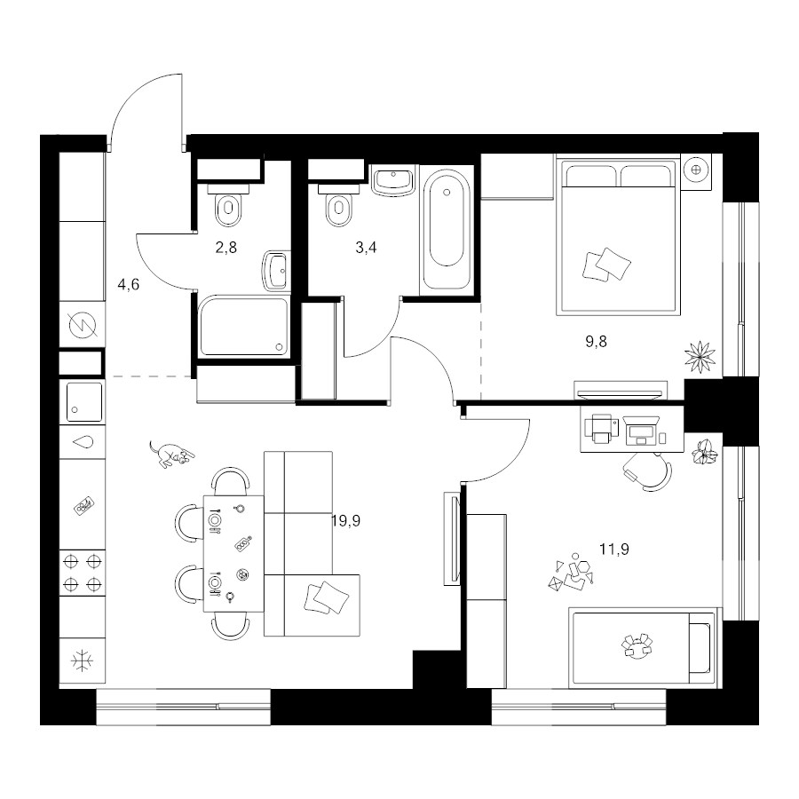 3 ккв (Евро) 55,3 м²