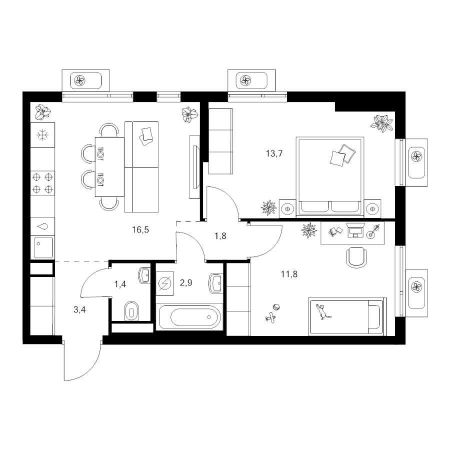 3 ккв (Евро) 51,5 м²