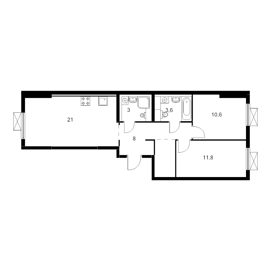 3 ккв (Евро) 60,8 м²