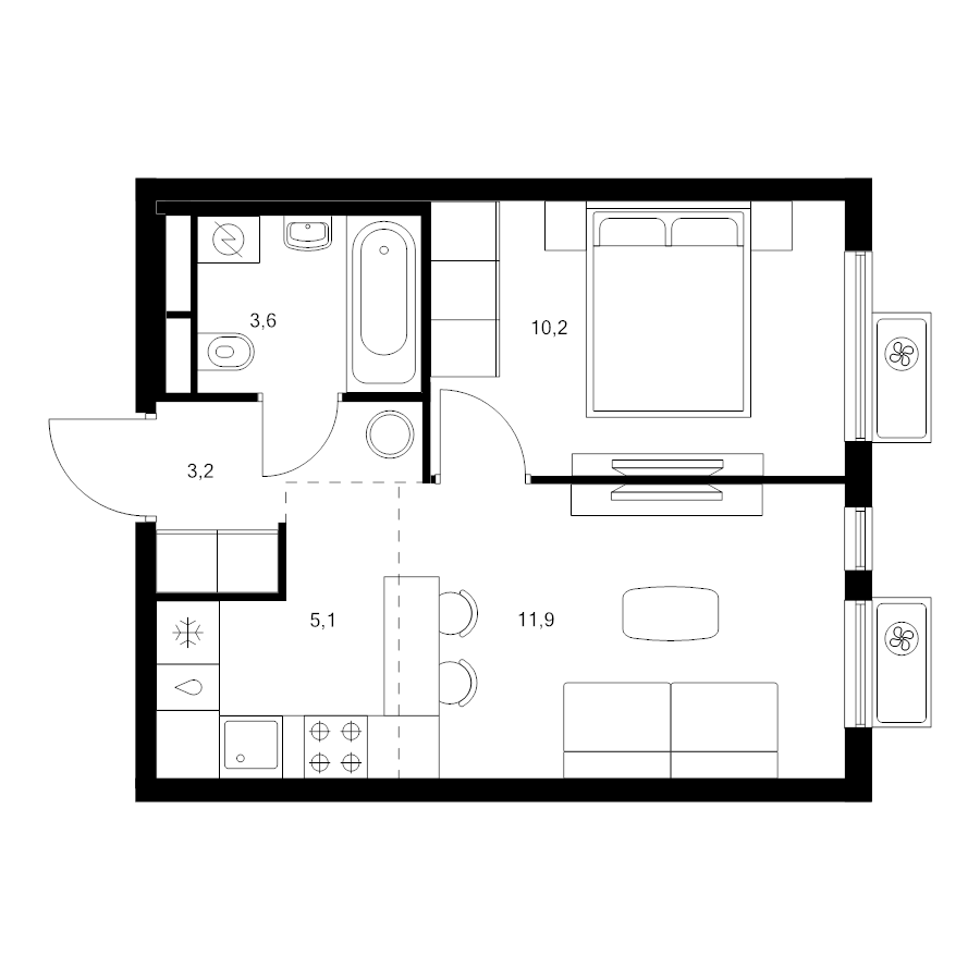 2 ккв (Евро) 34 м²