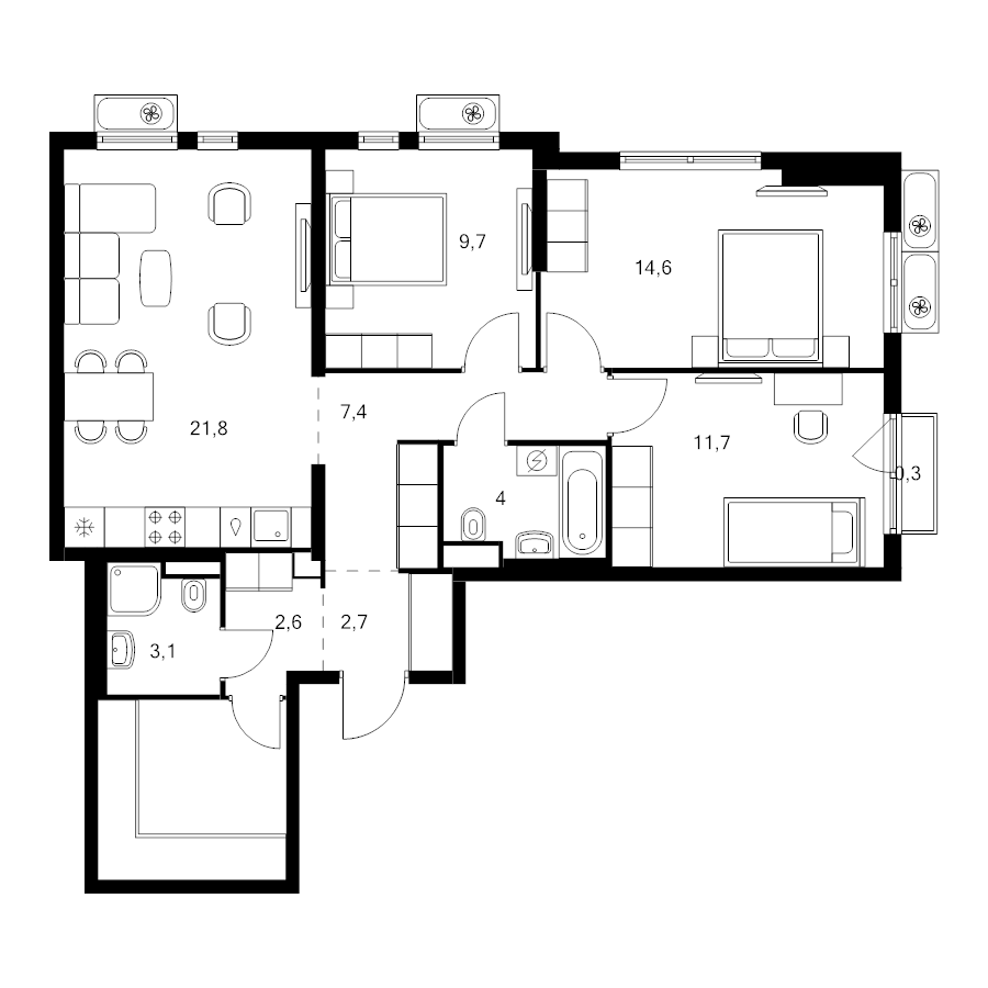 4 ккв (Евро) 85,4 м²