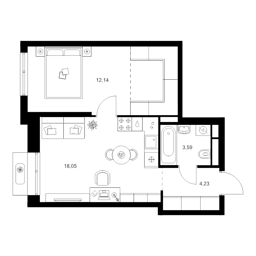 2 ккв (Евро) 43,8 м²