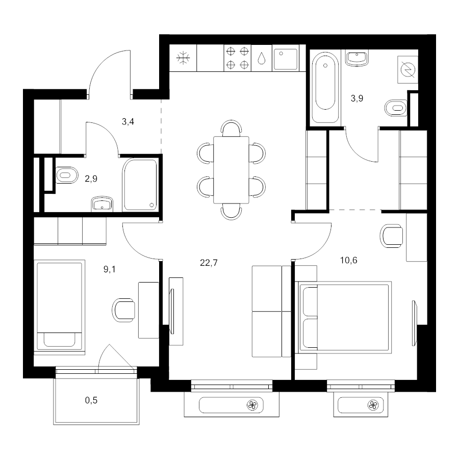 3 ккв (Евро) 56,9 м²