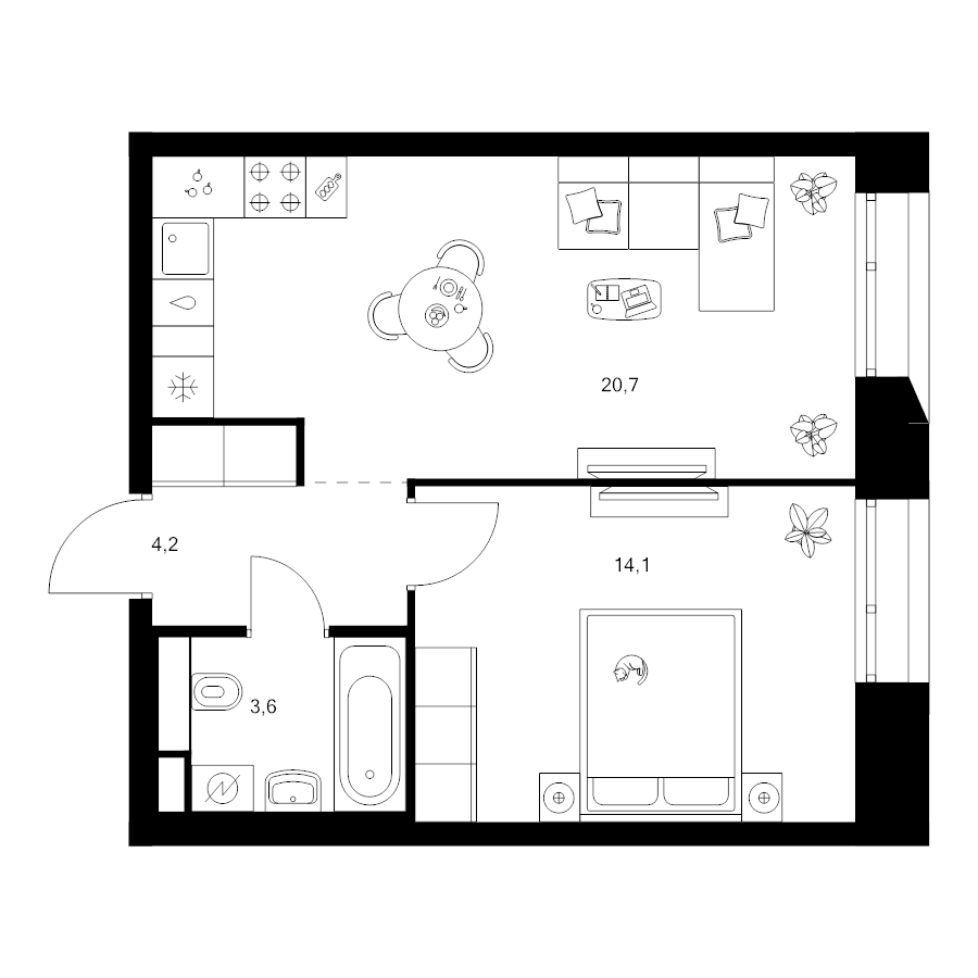 2 ккв (Евро) 42,6 м²