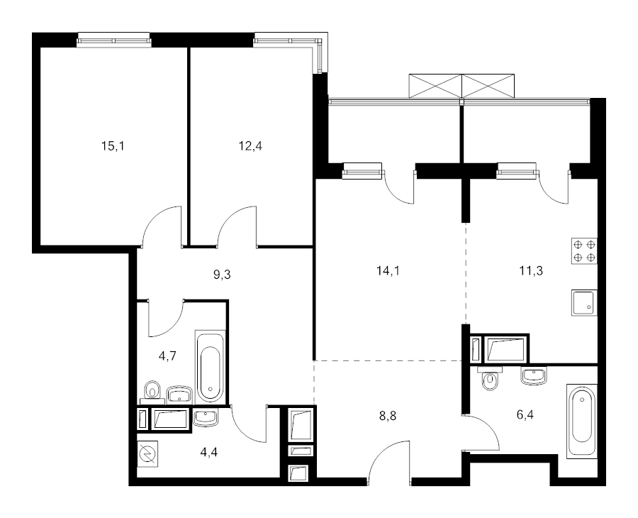 3 ккв (Евро) 90,6 м²