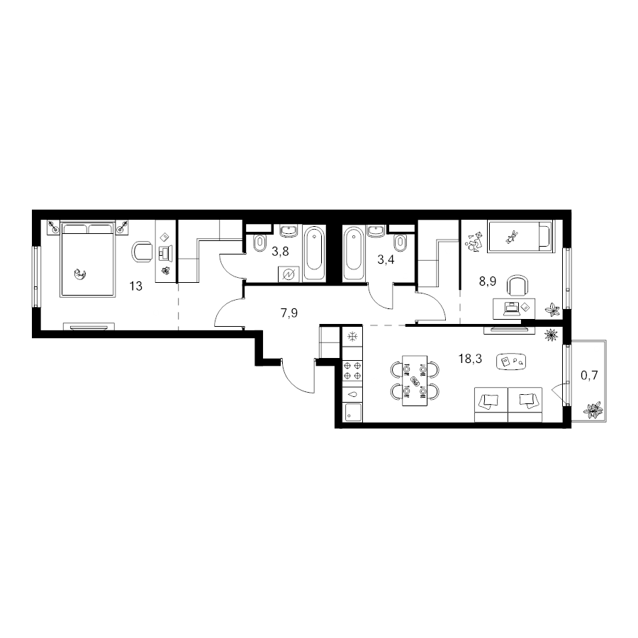 3 ккв (Евро) 65,8 м²