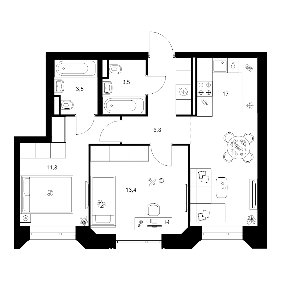 3 ккв (Евро) 56 м²