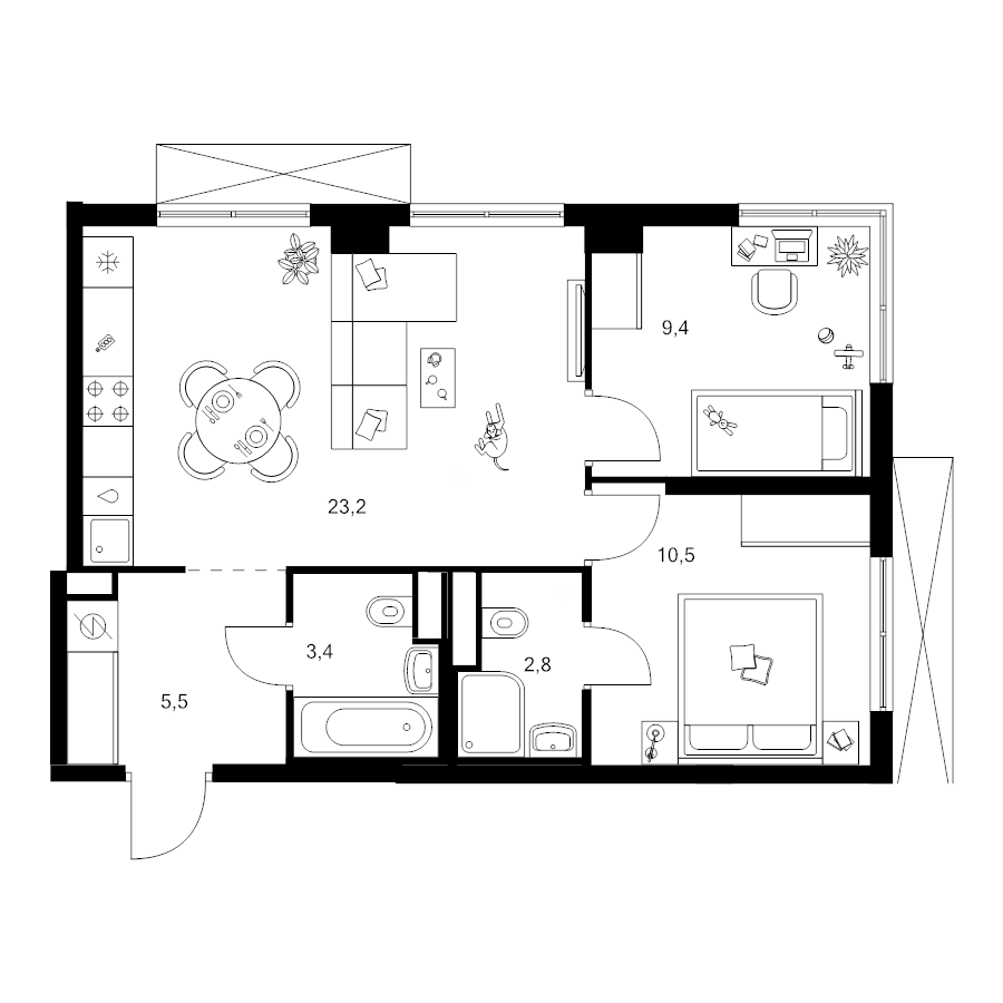 3 ккв (Евро) 54,8 м²