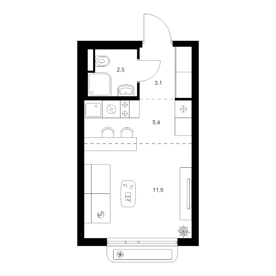 Студия 22,9 м²
