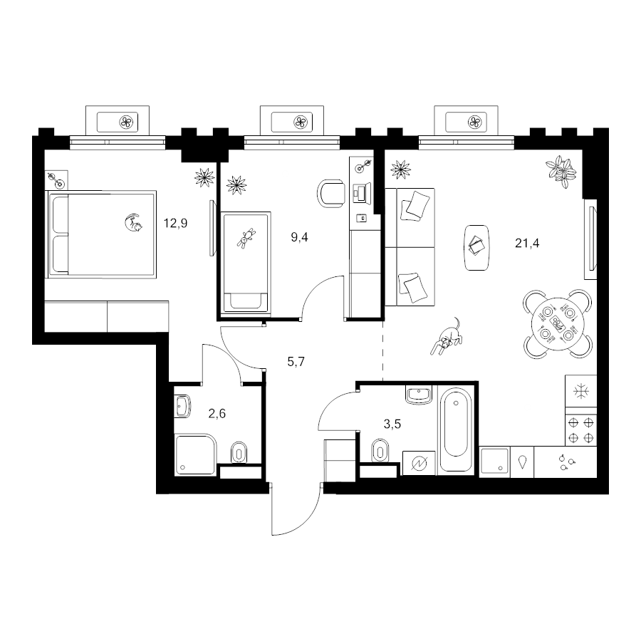 3 ккв (Евро) 55,5 м²