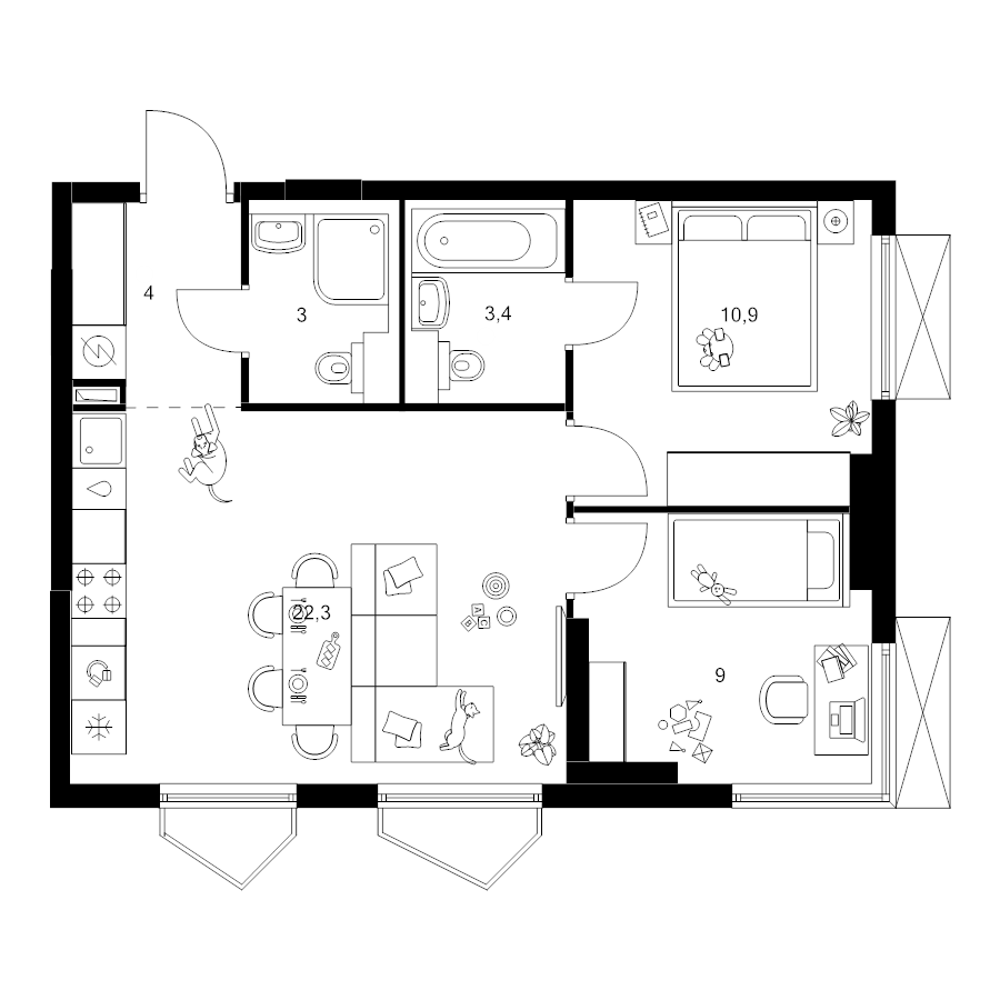 3 ккв (Евро) 52,6 м²