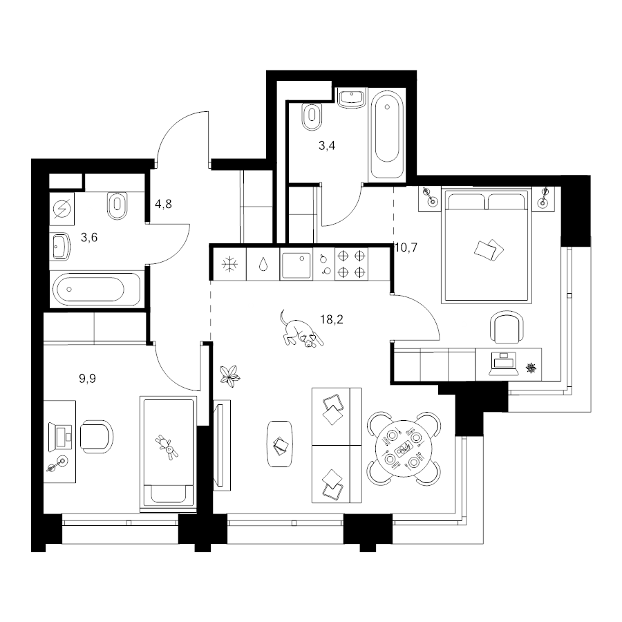 3 ккв (Евро) 52,6 м²
