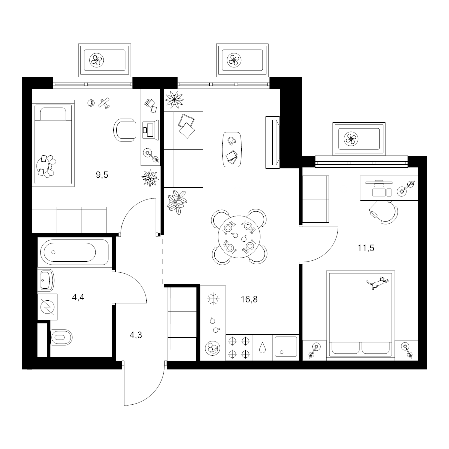 3 ккв (Евро) 46,5 м²