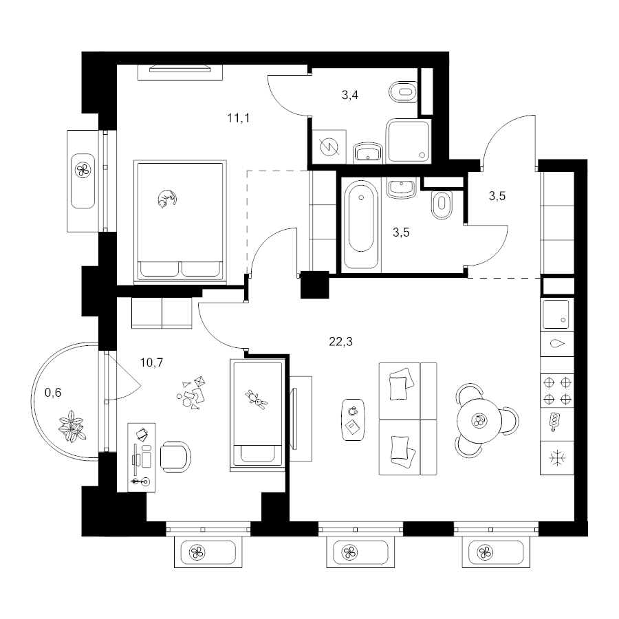 3 ккв (Евро) 58 м²