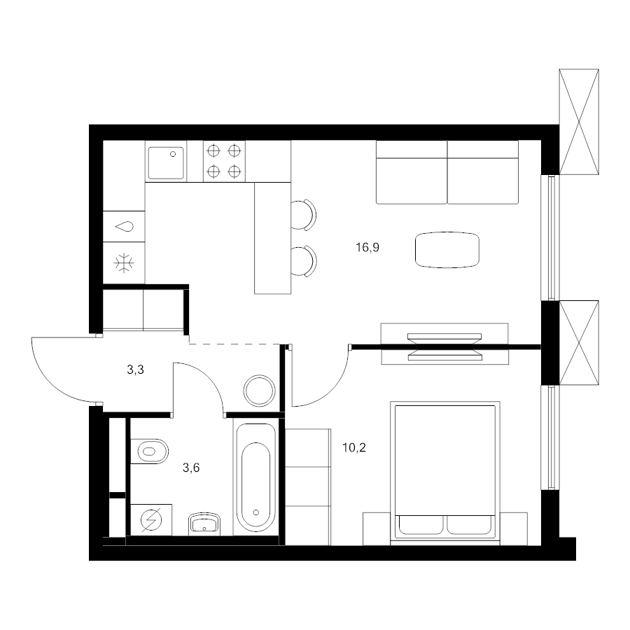 2 ккв (Евро) 34 м²