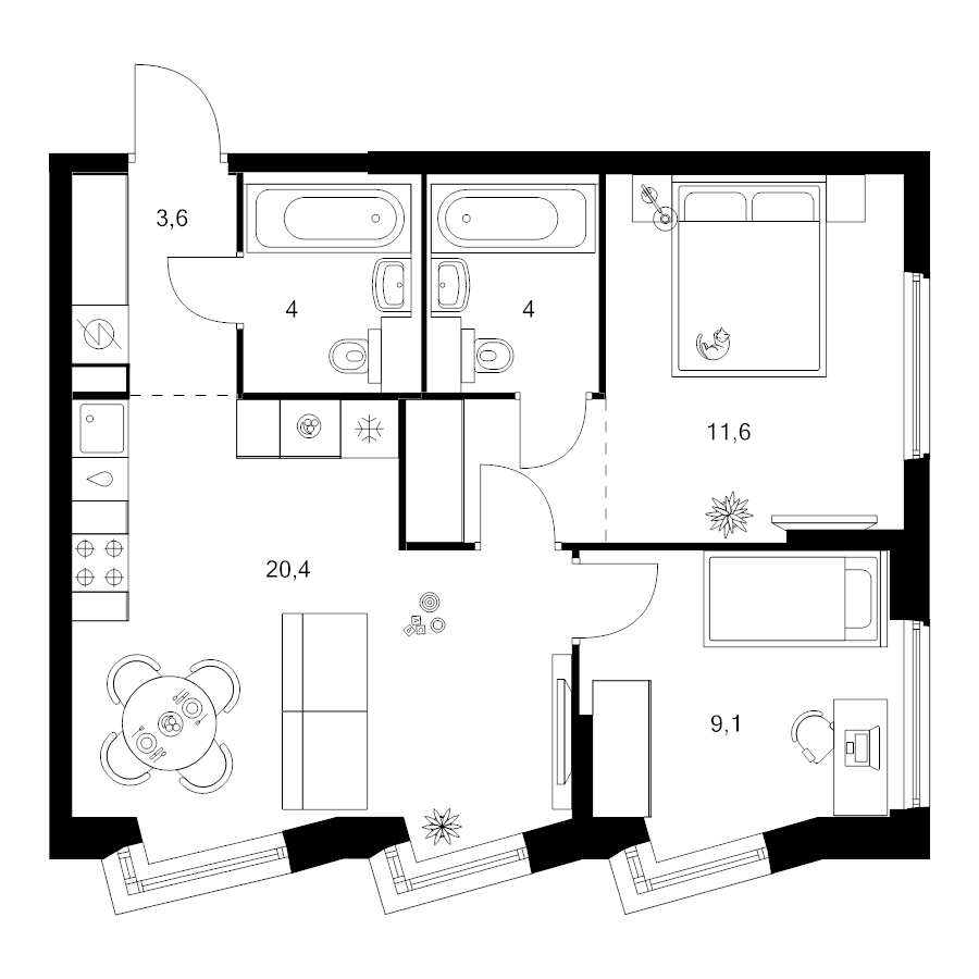 3 ккв (Евро) 55,8 м²