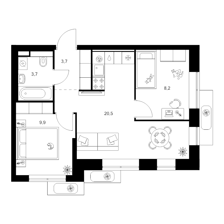 3 ккв (Евро) 46 м²