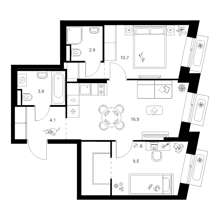 3 ккв (Евро) 53,6 м²