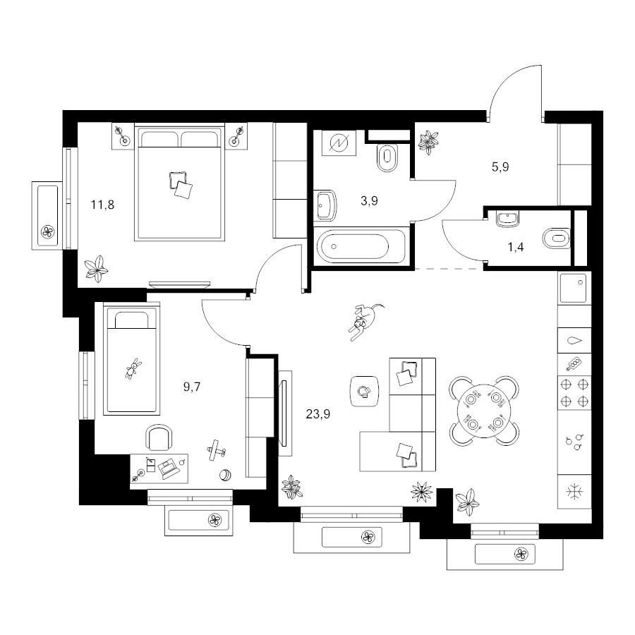 3 ккв (Евро) 56,6 м²