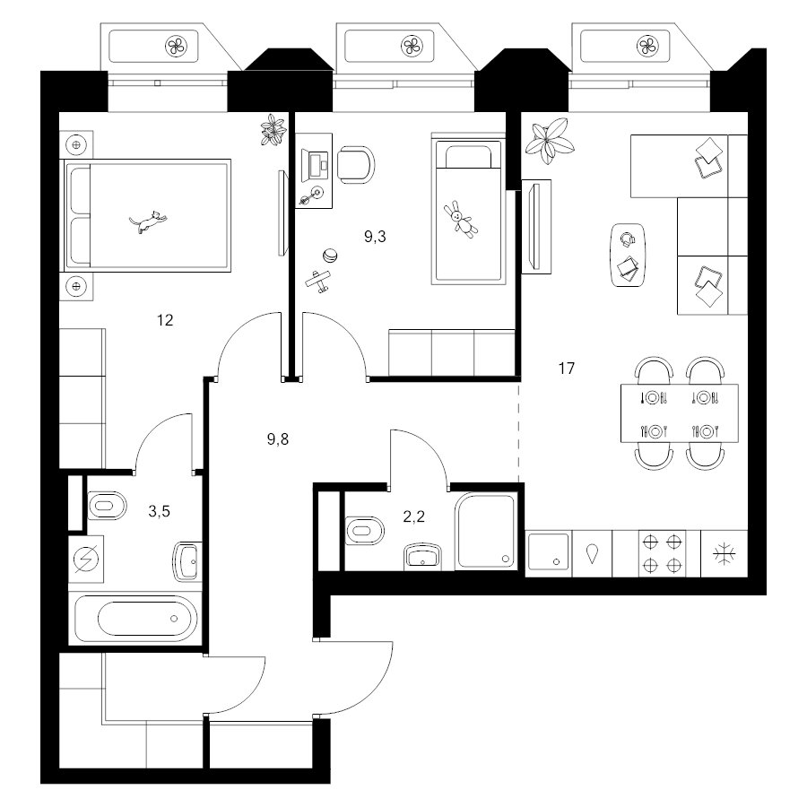3 ккв (Евро) 56,5 м²