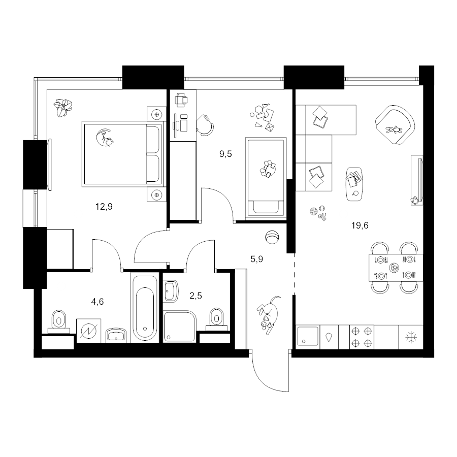 3 ккв (Евро) 55 м²