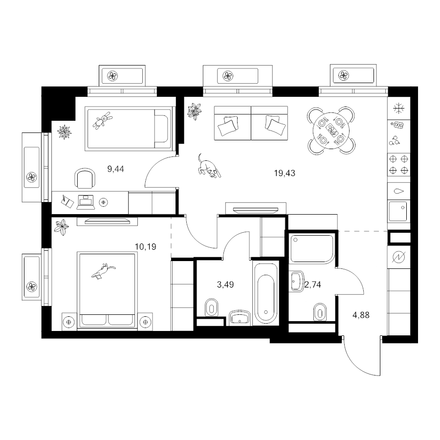 3 ккв (Евро) 53,2 м²