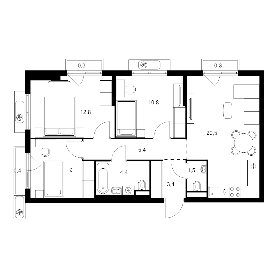 4 ккв (Евро) 68,8 м²
