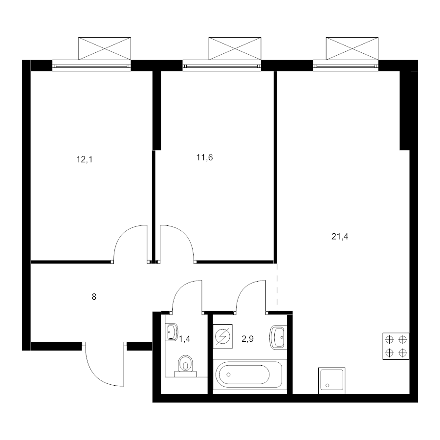 3 ккв (Евро) 56,3 м²