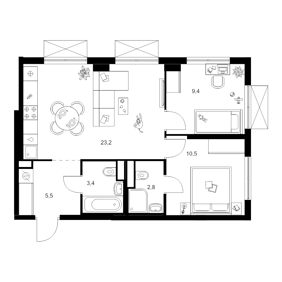 3 ккв (Евро) 54,8 м²