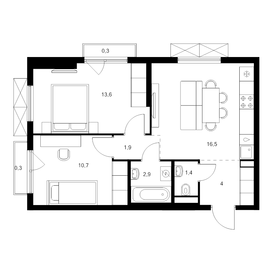 3 ккв (Евро) 51,6 м²