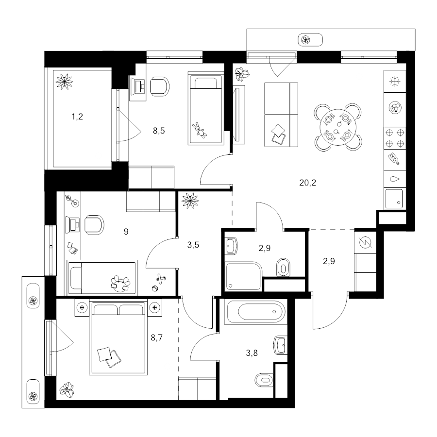 4 ккв (Евро) 63,3 м²