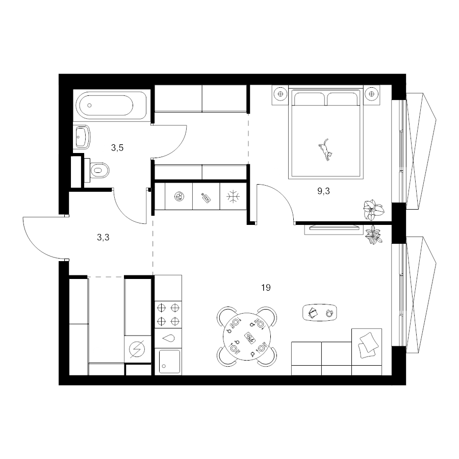 2 ккв (Евро) 42,9 м²