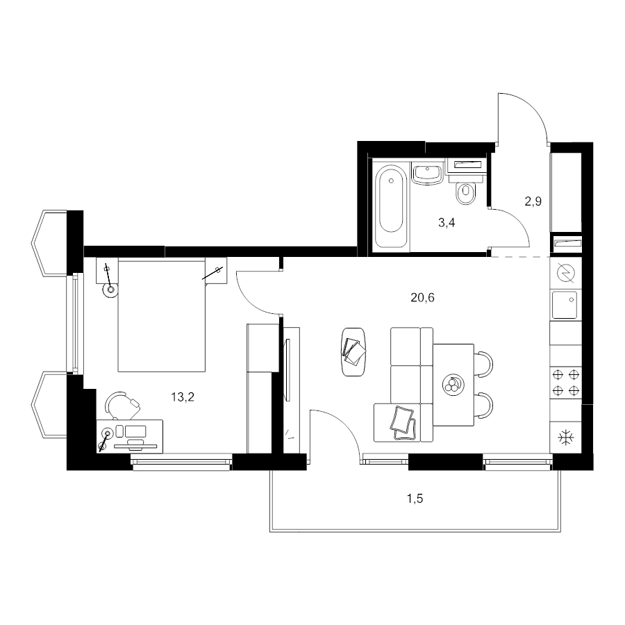 2 ккв (Евро) 41,6 м²