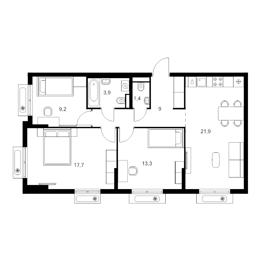 4 ккв (Евро) 76,4 м²